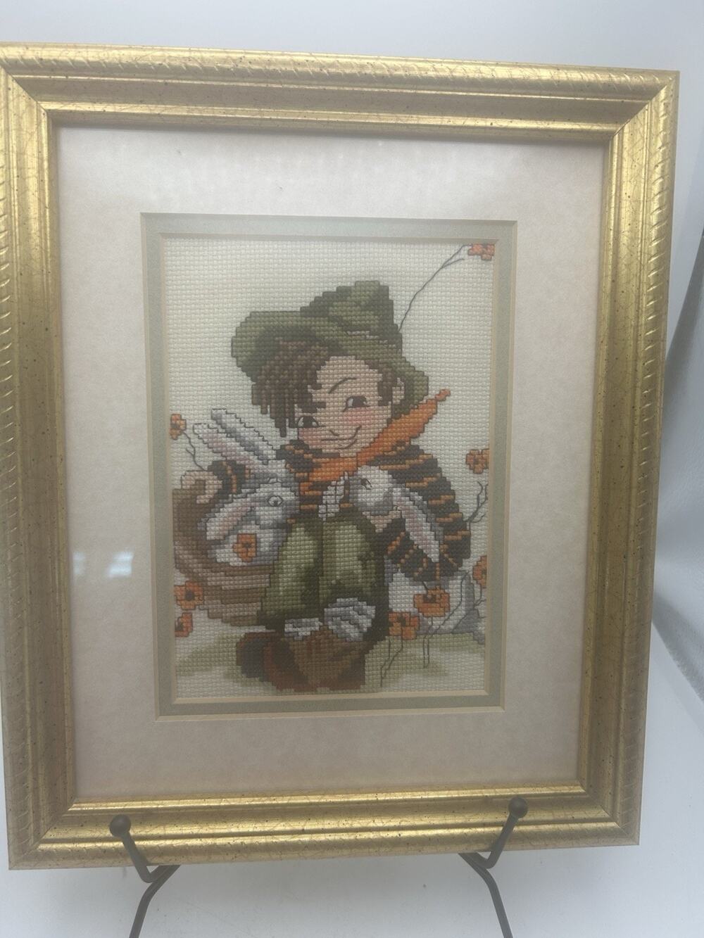 Vintage Framed Cross-Stitch Needlework “Playmates” Design Hummel Figures